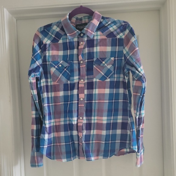 American Eagle Outfitters Tops - American Eagle Outfitters Womens Blue Pink Plaid Western Snap Button Shirt L